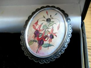 LARGE VINTAGE FUSCHIA FLOWER BROOCH by THOMAS L MOTT hand painted signed TLM 2