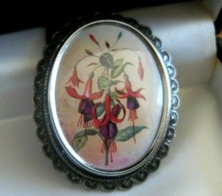 LARGE VINTAGE FUSCHIA FLOWER BROOCH by THOMAS L MOTT hand painted signed TLM 3