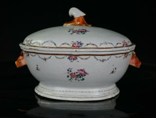 Large Antique Chinese Export Famille Rose Porcelain Tureen & Cover Qianlong 18 C