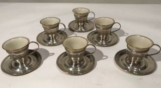 (6) Unmarked Sterling Silver 925 Demitasse Coffee Tea Cups & Saucers 245g Silver
