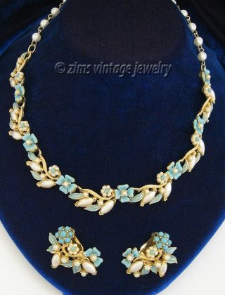 Vintage Florenza Turquoise Blue Enamel Floral Pearl Gold Necklace & Earrings Set