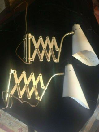 Mid Century Sleek Swing Scissor Wall Lamp Sconce Pair Cone Shades