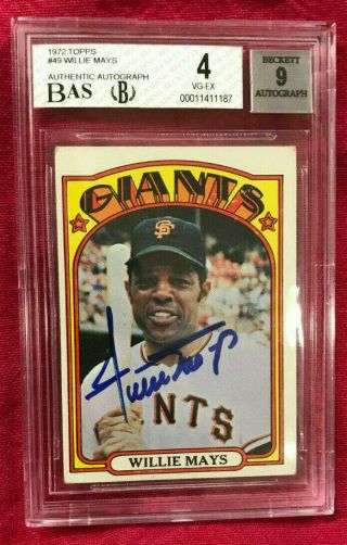 Willie Mays 1972 Topps 49 Bas Autograph Grade 9,  Beckett Authentic Signed Card