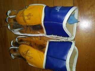 Vintage Cooper 9 Hockey Gloves Yellow - Blue Leather Armourflex Thumb Gloves