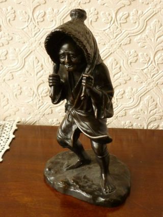 Meiji Japanese Bronze Okimono Statue / Figure Of A Man With Hat,  Basket Signed