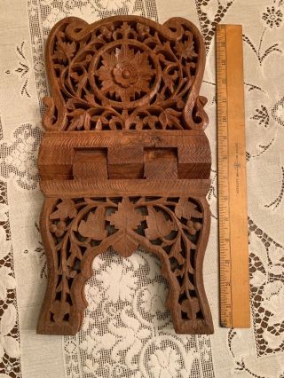 Vintage India Wood Folding Book Holder Stand Scrollwork Hand Carved Large 15”