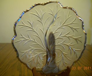 Vtg Divided Serving 10 " Relish Plate Frosted Glass W/branch Design/silver Trim