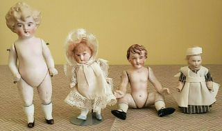 Four Antique Miniature Doll House Bisque Dolls