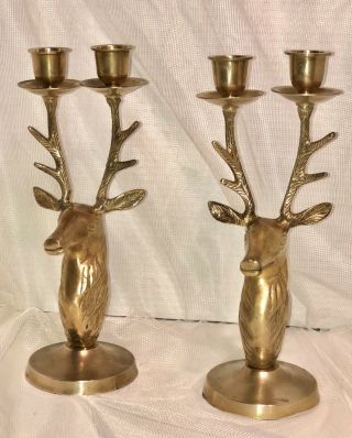2 Art Deco Brass Deer Buck Stag Head Taper Candlestick Holders Pair Vtg 10.  25”