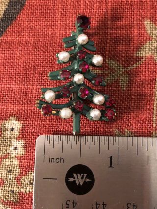 Vintage,  Brooch Signed Made In Austria Christmas Tree W/ Red Stones/pearls