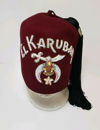Vintage Shriners Jeweled Fez Hat Masonic Pins Tassel Holder El Karubah