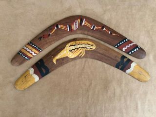 2 Vintage Queensland Carved Australian Aboriginal Wood Painted Boomerang Native