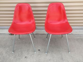 2 Vintage Herman Miller Eames Fiberglass Side Shell Chairs On " H " Base (red)
