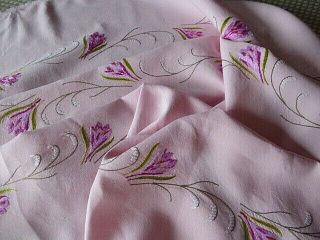 Vintage Hand Embroidered Pink Linen Tablecloth / Crocuses/lily Of The Valley