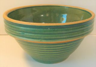 Vintage Antique Green Glaze Pottery Stoneware Mixing Bowl Ringed 8