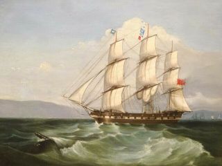 19th Century British Royal Navy Ship Sailing Off The Coast Antique Oil Painting
