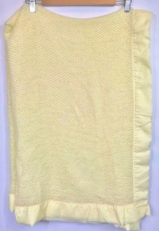 Vintage 70s Acrylic Blanket Nylon Trim Waffle Weave Thermal Yellow 56 X 42