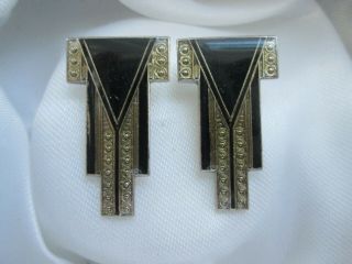 Vintage Art Deco Pierre Bex Style Jet Enamel Gold Silver Tone Pierced Earrings