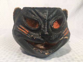 Vintage Antique Holloween Black Cat Head Pulp Paper Mache All