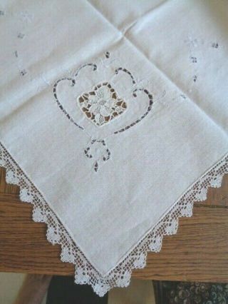 Vintage White With Crochet Edge Tablecloth 32 " X 32 " (light Blue Accents)