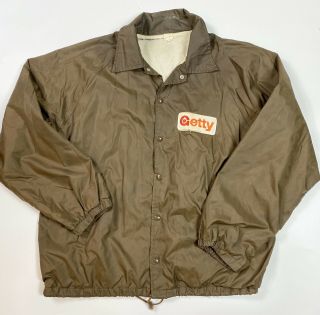 Vintage 70’s Getty Oil Windbreaker Jacket Brown Getty Patch Sz L/xl