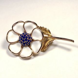 Vintage Milk Glass & Blue Rhinestone Daisy Flower Brooch Pin