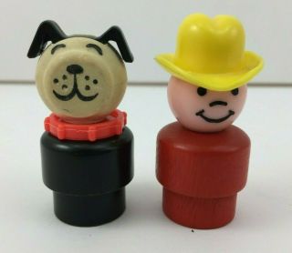 Vintage Fisher Price Wood Little People Dog Red Collar & Cowboy Boy Yellow Hat