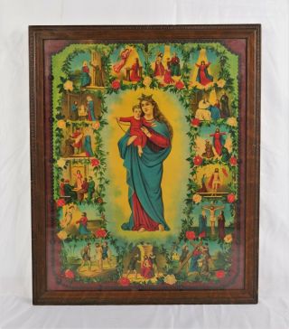 Antique 19th Century Lithograph Stations Of The Cross Lady Of Rosary Madonna