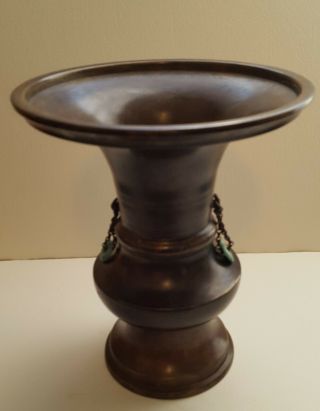 Antique Chinese Bronze Beaker Vase With Small Jade Discs Or Bi