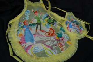 Vintage Walt Disney Peter Pan Tinkerbell Mermaid Child & Doll Apron Set Yellow