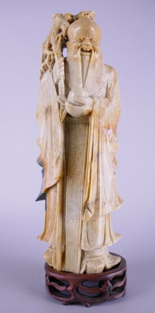 Fine Old Chinese Carved Soapstone Shou Lao God Of Longevity Figurine Carving