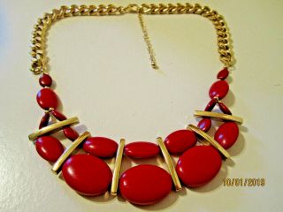 Vtg 18k Gold Plated Ruby Red Cabochon Beaded Bib Estate Statement Necklace 22.  5 "