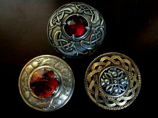 3 X Vintage Scottish Celtic Agate Glass Plaid Brooch Kilt Pin