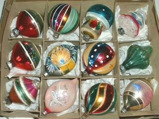 Vintage Glass Christmas Tree Ornaments Poland Hand Painted Stripes Indent