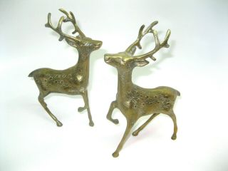 Vintage Pair 2 Set Of Two 9 " Solid Brass Buck Deer Reindeer Figurines Sculptures