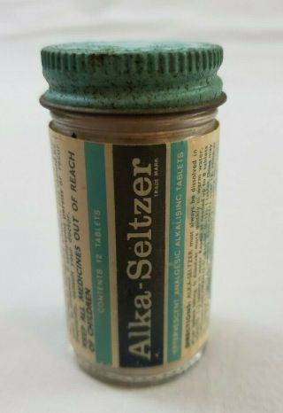 Vintage Advertising Alka Seltzer Glass Bottle Paper Label Tin Top Tablets Inside