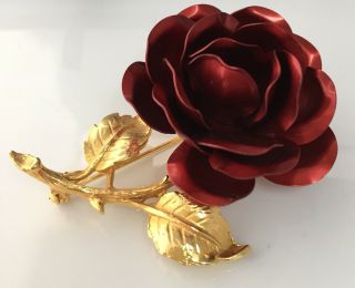 Vintage Jewellery Lovely 3d Enamelled Rose Flower Large Brooch By Exquisite