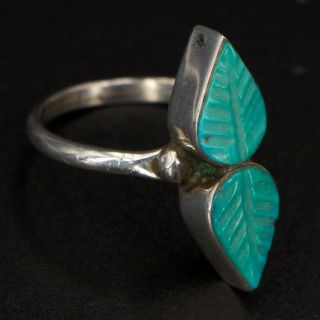 Vtg Sterling Silver - Navajo Carved Turquoise Leaves Ring Size 6 - 2.  5g