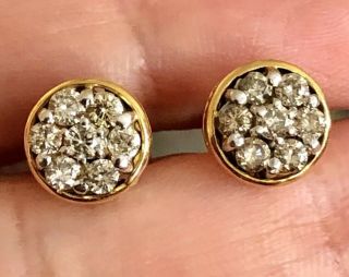 Antique Vintage 9ct Yellow Gold Diamond Earrings 0.  70ct Round Button Studs