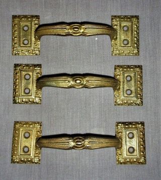 Set Of 3 Victorian Ornate Brass Drawer Door Pulls Handles 1800’s