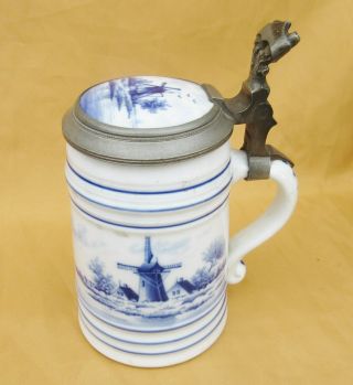 Antique Blue/white Delft Style Porcelain Beer Stein W/lithophane Swaine Co C1900