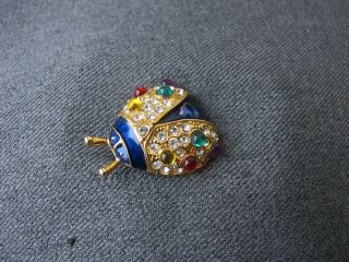 Vintage Cute Color Cabs & Clear Rhinestones Enameled Golden Metal Ladybug Pin J