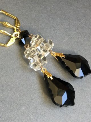 Art Deco 1920s Style Black,  Vintage Clear Crystal Earrings Nickel Lead