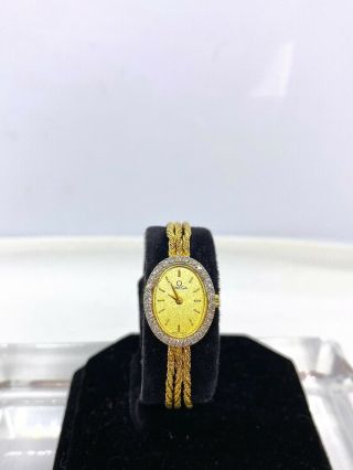 Vintage Ladies 14k Yellow Gold Omega Rope Chain Watch With Diamond Bezel