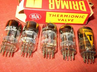 Five Assorted Vintage English Brimar 12at7 Twin Triodes.  Strong Guitar Amp Tubes