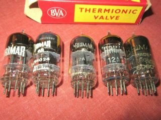 FIVE ASSORTED VINTAGE ENGLISH BRIMAR 12AT7 TWIN TRIODES.  STRONG GUITAR AMP TUBES 3