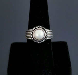 Vtg 925 Sterling Silver Southwestern Cultured Akoya Pearl Solitaire Ring,  Size 7