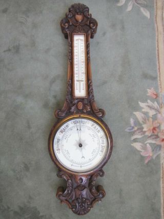 Antique Victorian English Hand Carved Wooden Wall Barometer Thermometer.