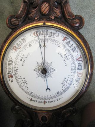 Antique Victorian English Hand Carved Wooden Wall Barometer Thermometer. 2