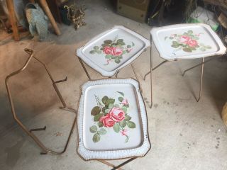 Three Vintage Metal Tv Trays Floral Pattern With Stand